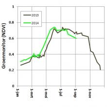 De NDVI groeicurve van 2013 en 2014 voor loofbos